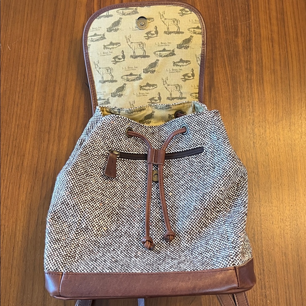 LL Bean Brown Leather & Tweed Backpack Purse - Picture 5 of 10